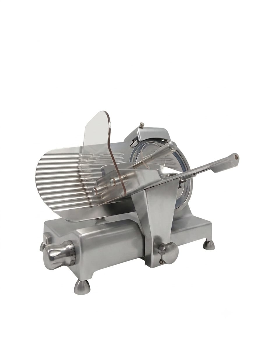 Affettatrice a gravità monofase con lama ∅ 250 mm colore grigio manopole alluminio e blocco carrello
