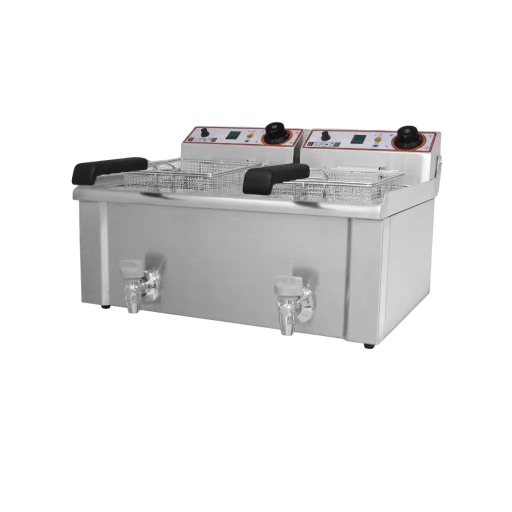 Friggitrice elettrica per bar - banco snack - 2 rubinetti di scarico - capacità vasca 13+13 lt.
