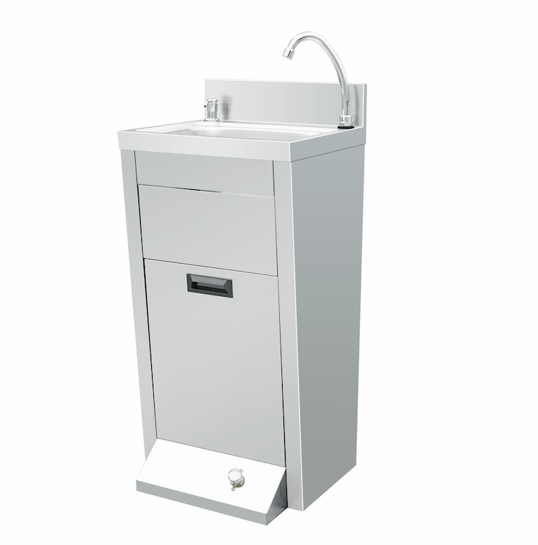 Lavamani a parete in acciaio inox – comando a ginocchio – con paraspruzzi - con cestino rifiuti e dispenser sapone